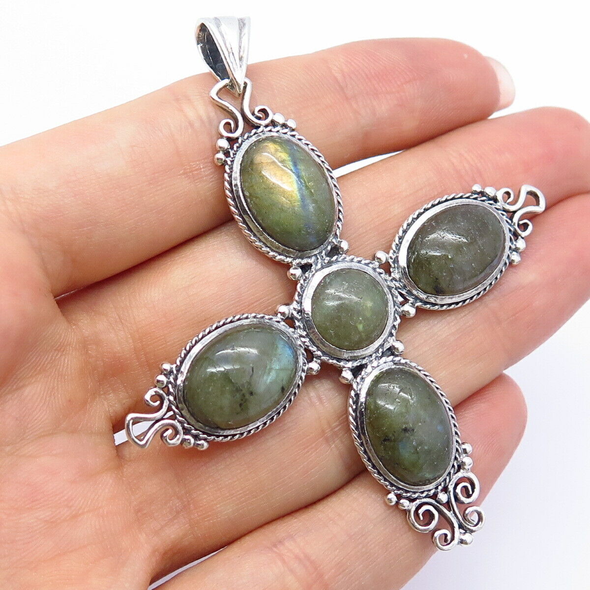 925 Sterling Silver Real Labradorite Gemstone Cross Pendant