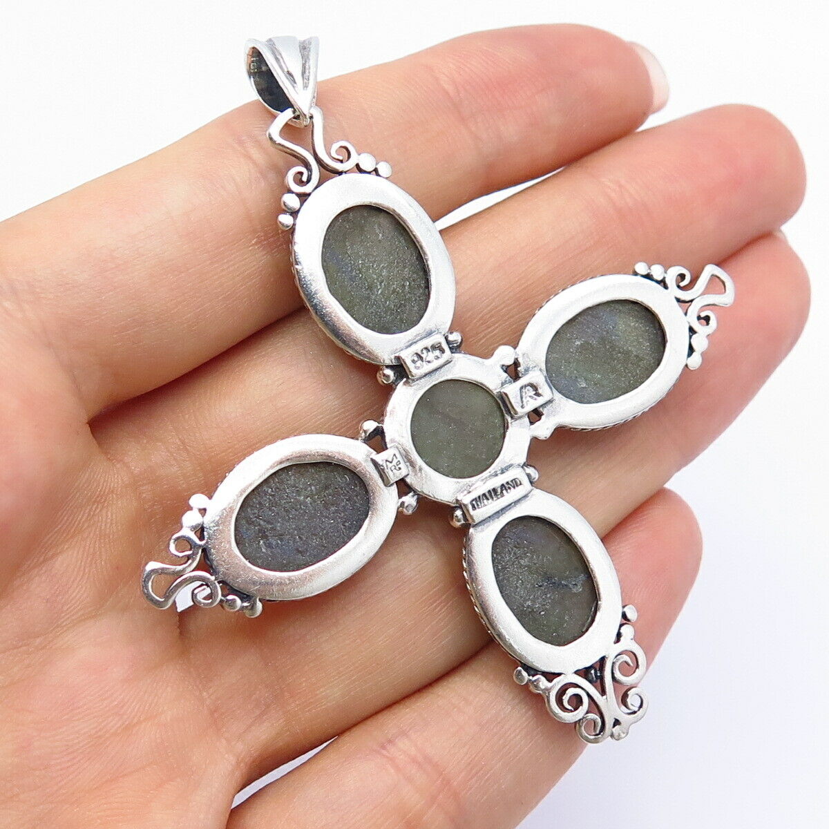 925 Sterling Silver Real Labradorite Gemstone Cross Pendant