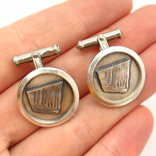 925 Sterling Silver Vintage USA Carved Design Round Cufflinks