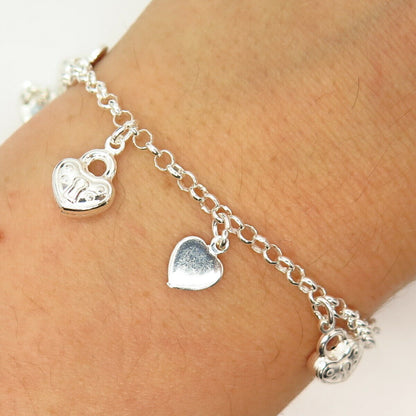 925 Sterling Silver Dangling Heart Charms Link Bracelet