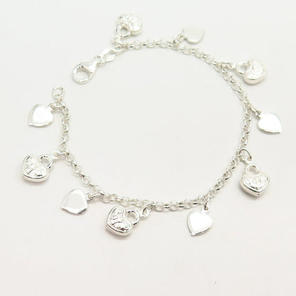 925 Sterling Silver Dangling Heart Charms Link Bracelet