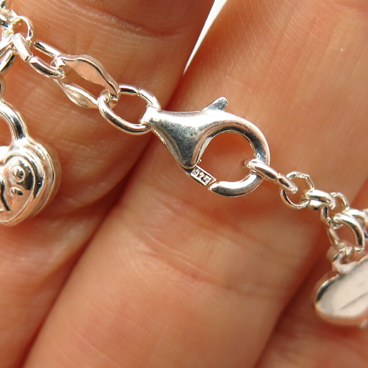 925 Sterling Silver Dangling Heart Charms Link Bracelet