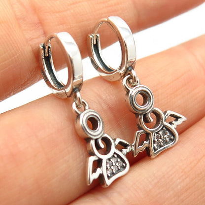 925 Sterling Silver C Z Angel Design Dangling Hoop Earrings