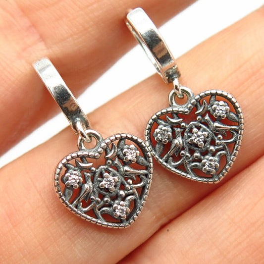 925 Sterling Silver C Z Heart Shape Dangling Hoop Earrings