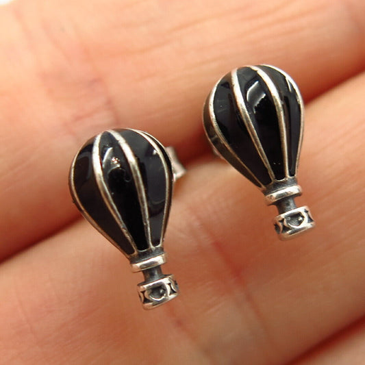 925 Sterling Silver Black Enamel Air Balloons Design Small Stud Earrings