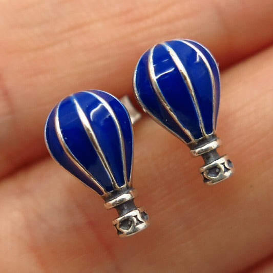 925 Sterling Silver Blue Enamel Parachute Design Small Stud Earrings