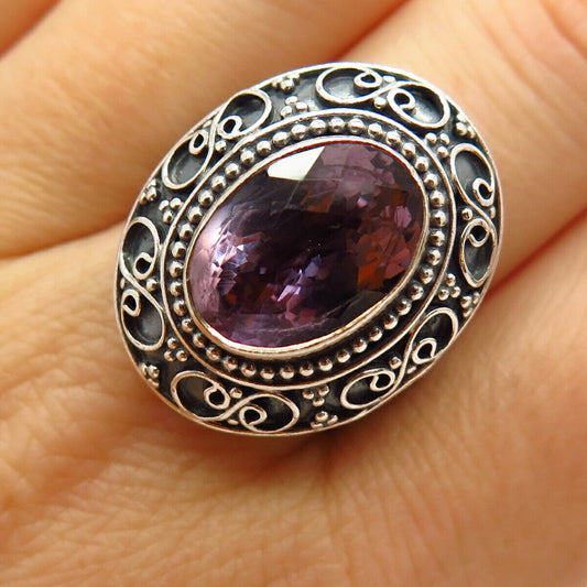 925 Sterling Silver Real Amethyst Gemstone Ethnic Design Ring Size 7