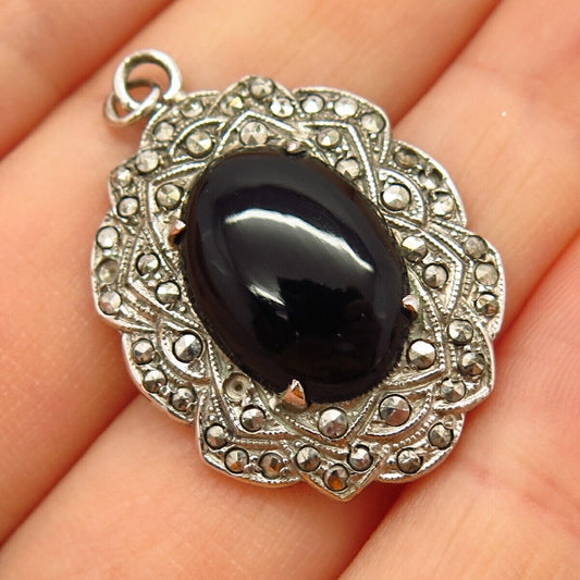 925 Sterling Silver Antique Real Marcasite & Black Onyx Gemstone Pendant