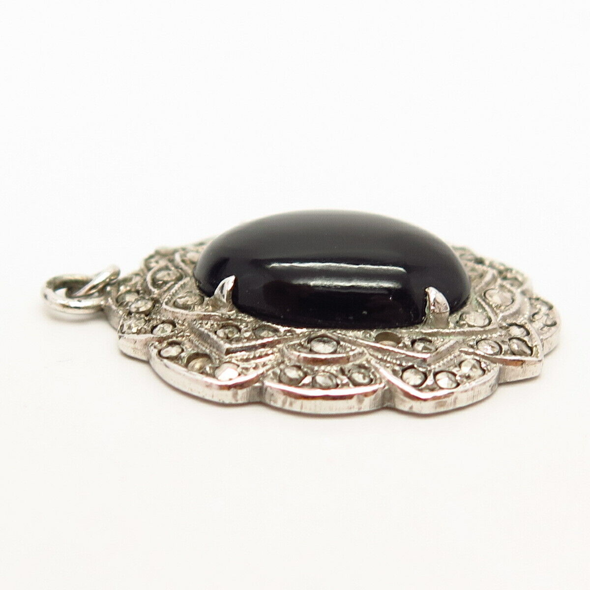 925 Sterling Silver Antique Real Marcasite & Black Onyx Gemstone Pendant