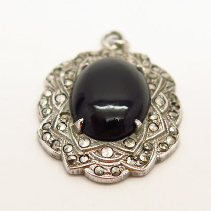 925 Sterling Silver Antique Real Marcasite & Black Onyx Gemstone Pendant