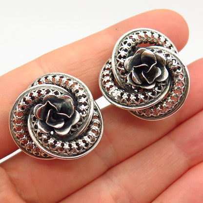 925 Sterling Silver Vintage Danecraft Rose Floral Screw Back Earrings