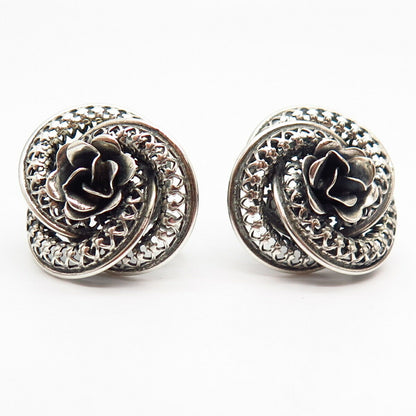 925 Sterling Silver Vintage Danecraft Rose Floral Screw Back Earrings