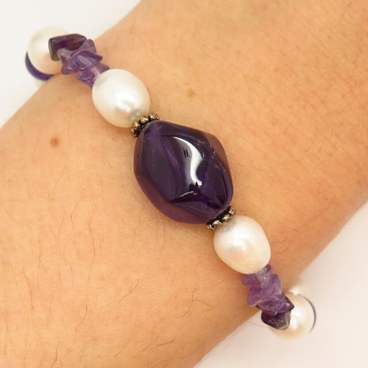 925 Sterling Silver Real Pearl & Amethyst Gem Bead Link Bracelet 6.5-8 1/4"