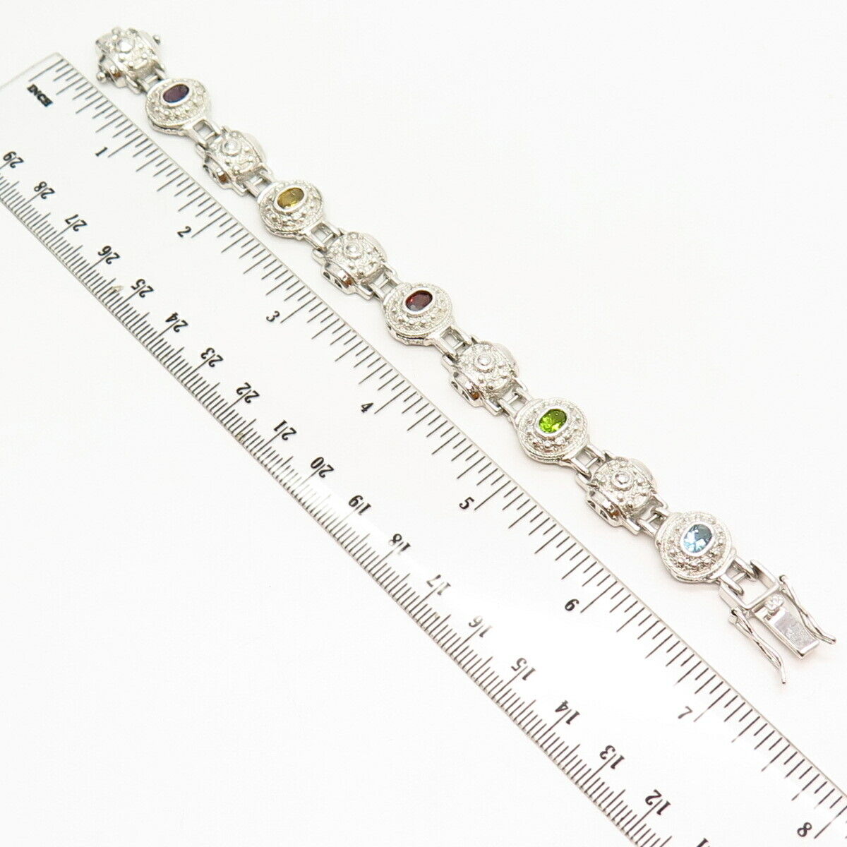 925 Sterling Silver Real Multi-Color Gemstone Link Bracelet 6 1/4"