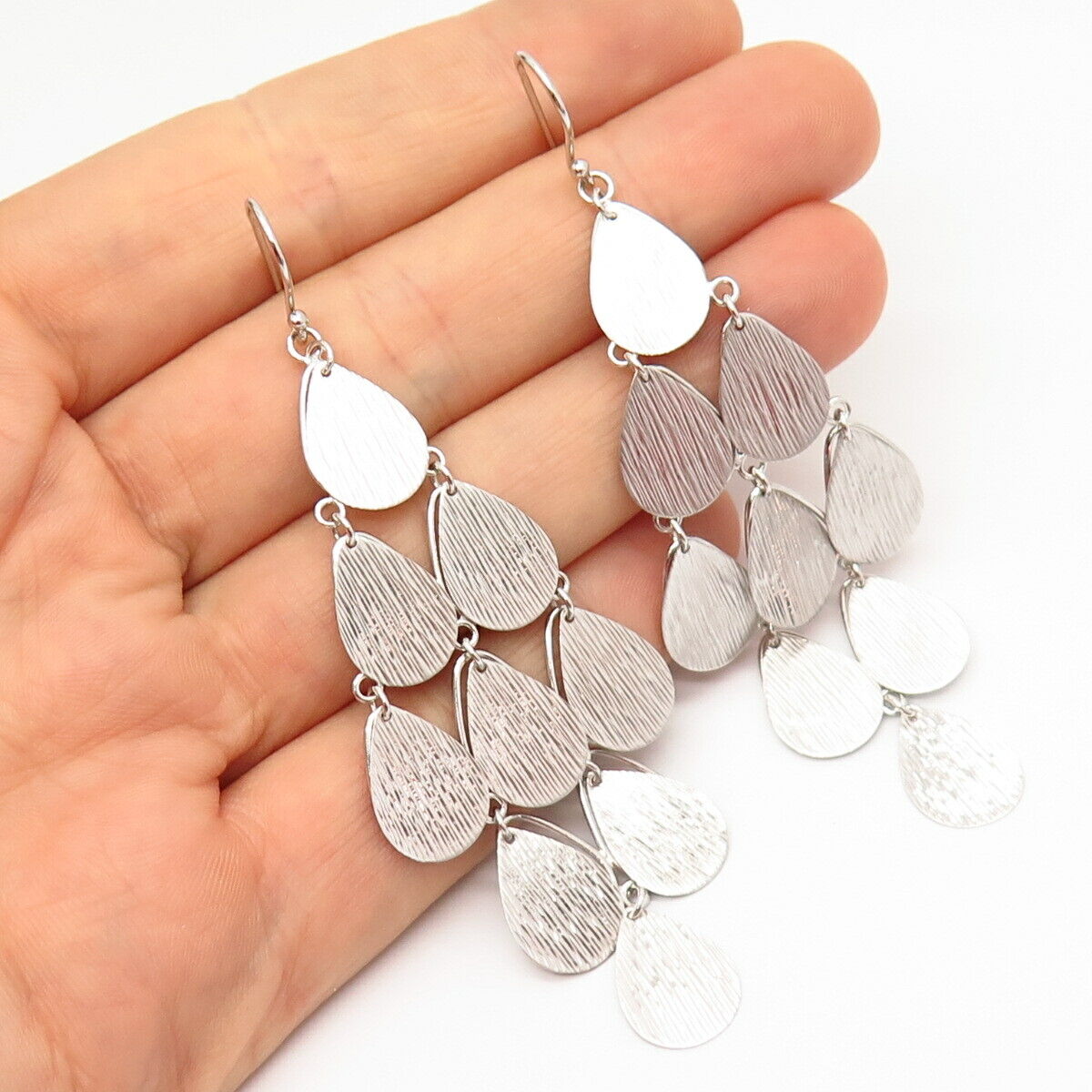 925 Sterling Silver Textured Petal Boho Design Dangling Long Earrings