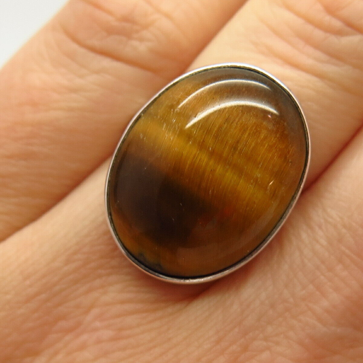 925 Sterling Silver Real Tiger Eye Gemstone Ring Size 6 3/4