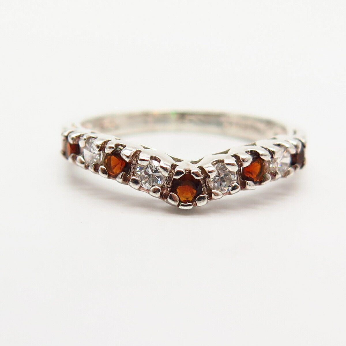 925 Sterling Silver Real Red Garnet Gemstone & C Z V-Style Ring