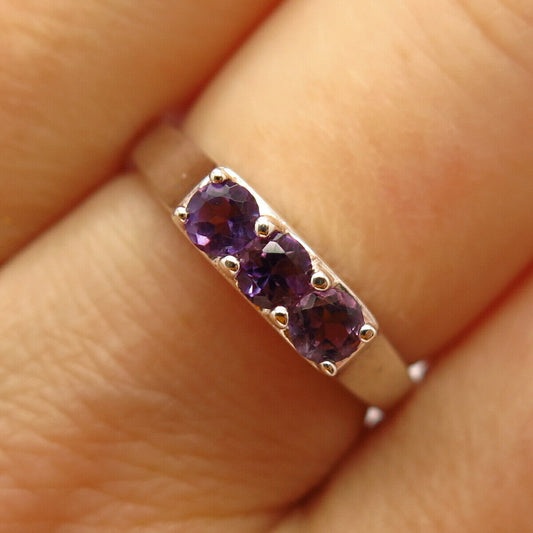 925 Sterling Silver Real Amethyst Gemstone 3-Stone Ring Size 7