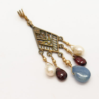 925 Sterling Gold Plated Real Pearl & Red Garnet Kyanite Gem Chandelier Pendant