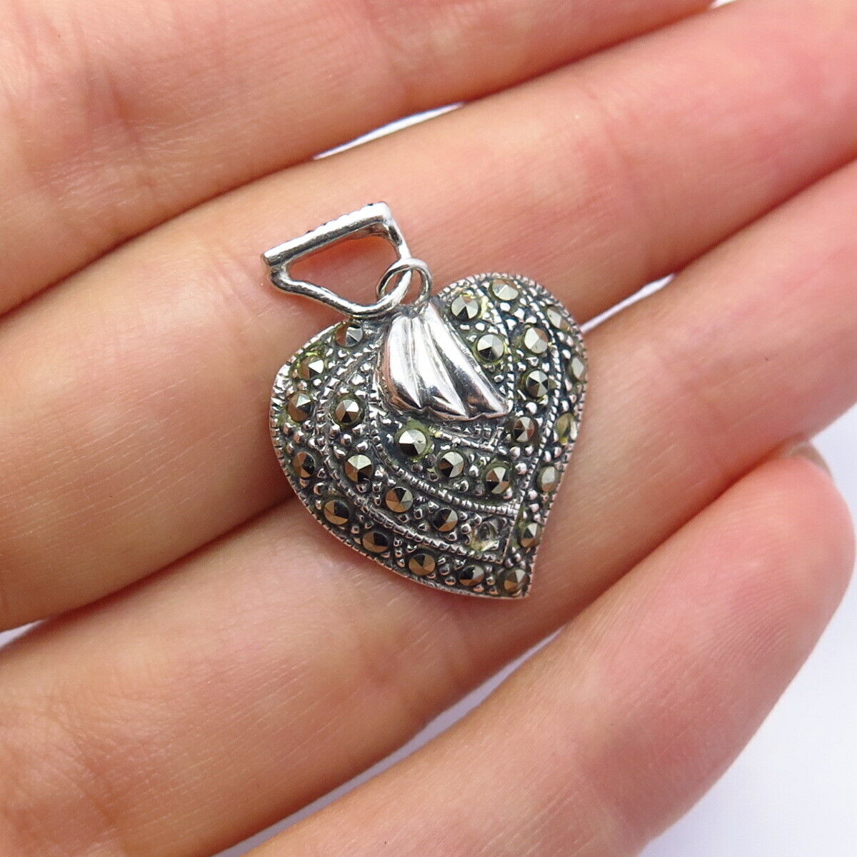 925 Sterling Silver Real Marcasite Gemstone Heart Pendant