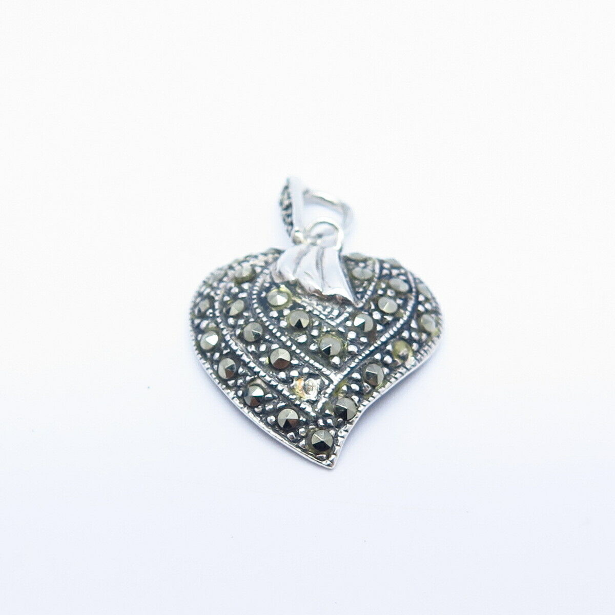 925 Sterling Silver Real Marcasite Gemstone Heart Pendant