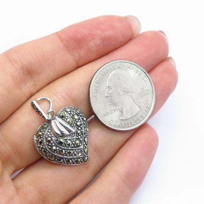 925 Sterling Silver Real Marcasite Gemstone Heart Pendant