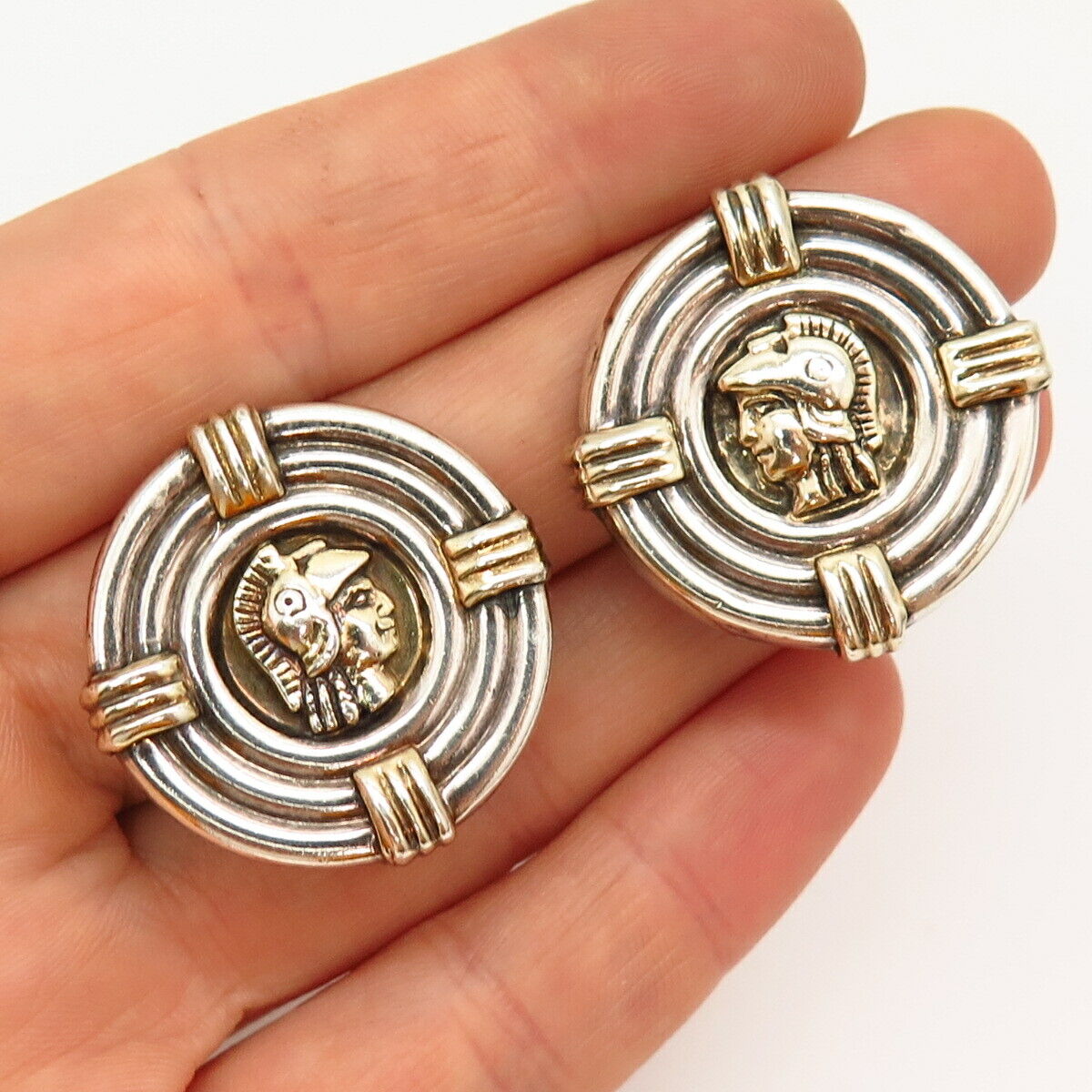 925 Sterling Silver 2-Tone Greek Warrior Design Hollow Clip On Earrings