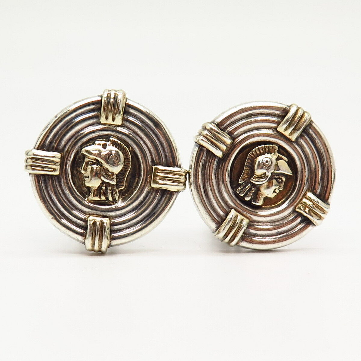 925 Sterling Silver 2-Tone Greek Warrior Design Hollow Clip On Earrings