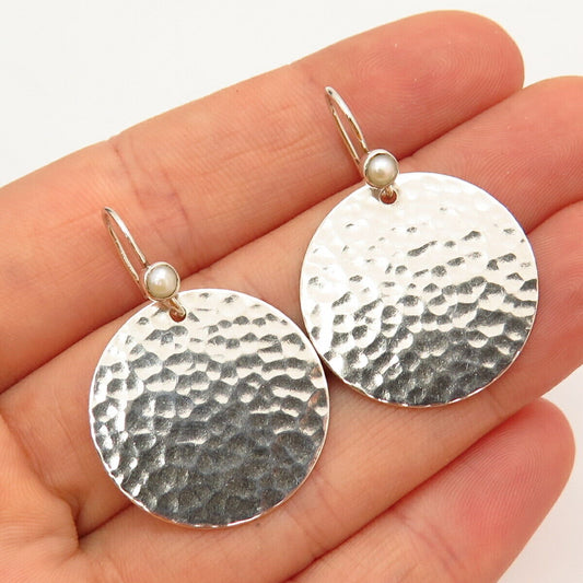 925 Sterling Silver Real Pearl Hammered Finish Round Dangling Earrings