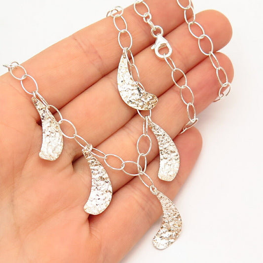 925 Sterling Silver Hammered Finish Leaves Design Rolo Chain Necklace 16"