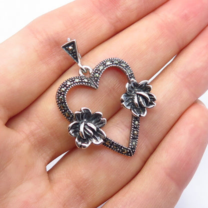 925 Sterling Silver Real Marcasite Gem Open Heart Floral Design Pendant