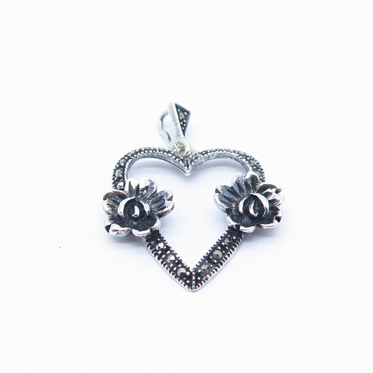 925 Sterling Silver Real Marcasite Gem Open Heart Floral Design Pendant