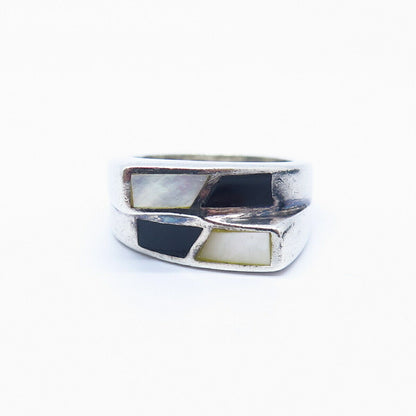 925 Sterling Silver Real Mother-of-Pearl & Black Enamel Ring Size 8