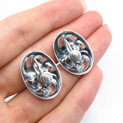 925 Sterling Silver Antique Danecraft Floral Design Screw Back Earrings