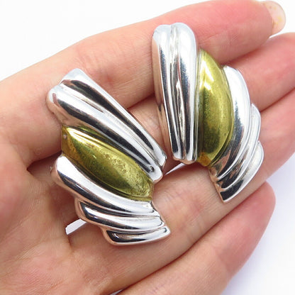 925 Sterling Silver 2-Tone Vintage Ribbed Design Clip On Earrings