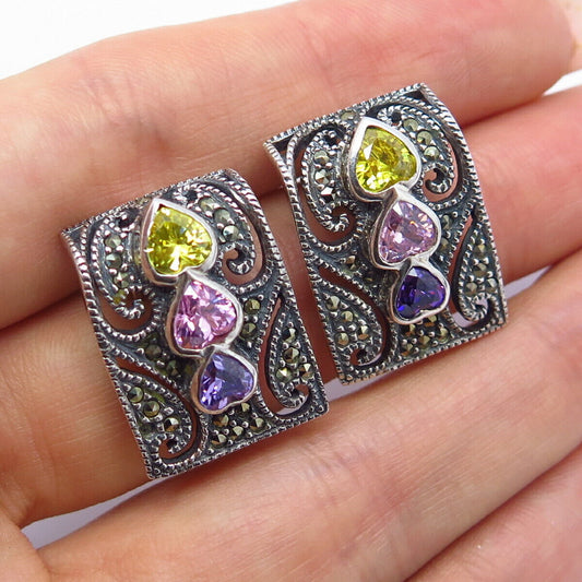 925 Sterling Silver Real Marcasite Gem & Multi-Color C Z Clip On Earrings