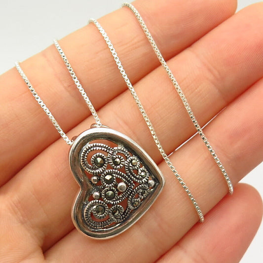 925 Sterling Silver Real Marcasite Gem Heart Pendant Box Chain Necklace 18"