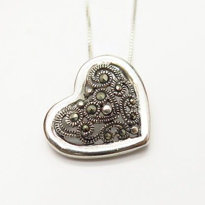 925 Sterling Silver Real Marcasite Gem Heart Pendant Box Chain Necklace 18"