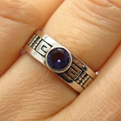 925 Sterling Silver Real Amethyst Gemstone Greek Maze Band Ring