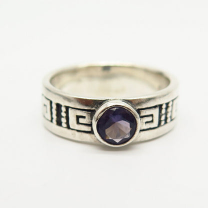 925 Sterling Silver Real Amethyst Gemstone Greek Maze Band Ring