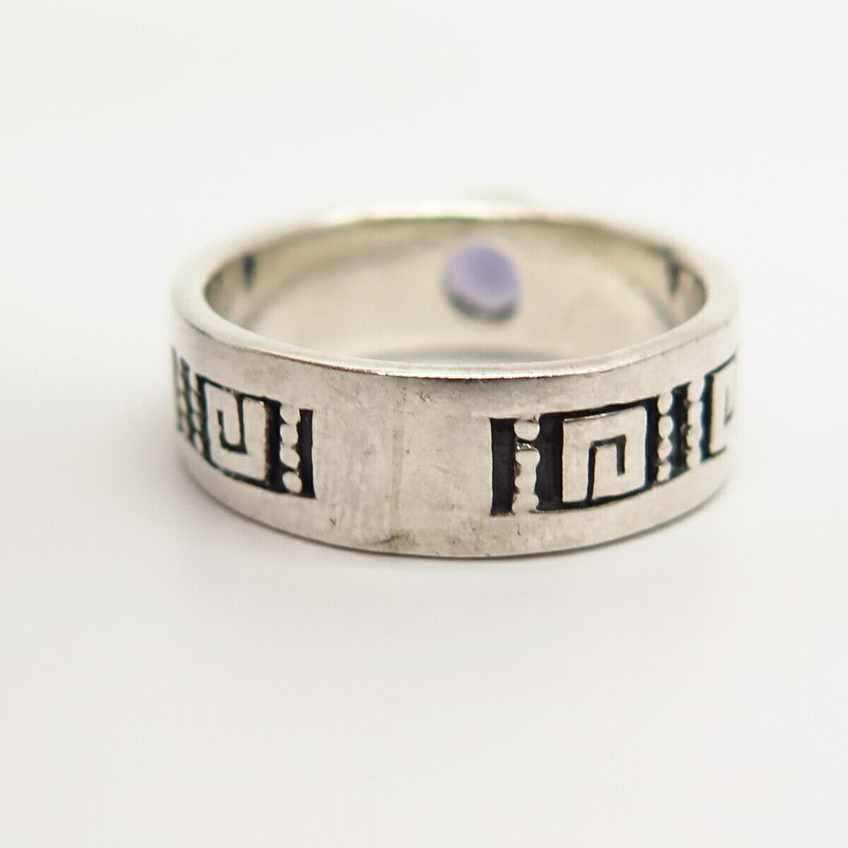 925 Sterling Silver Real Amethyst Gemstone Greek Maze Band Ring