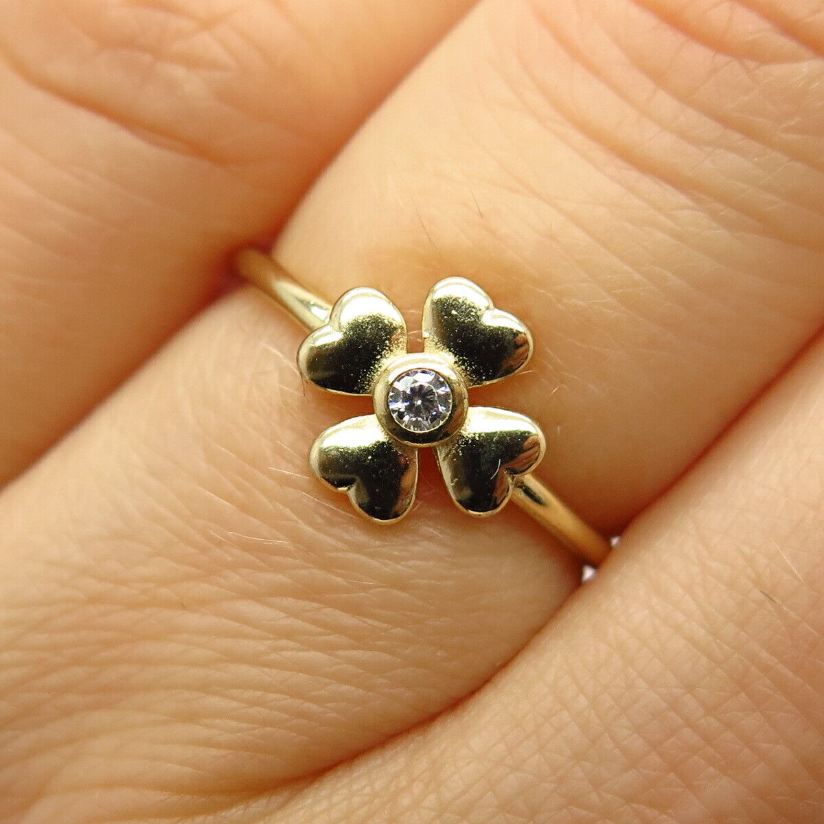 925 Sterling Silver Gold Plated C Z Four-Leaf Clover Floral Ring Size 6