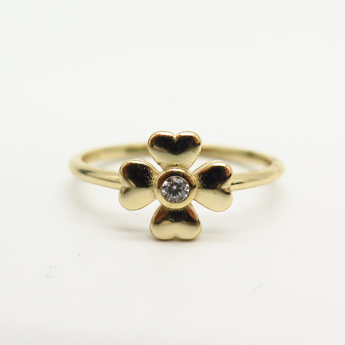 925 Sterling Silver Gold Plated C Z Four-Leaf Clover Floral Ring Size 6