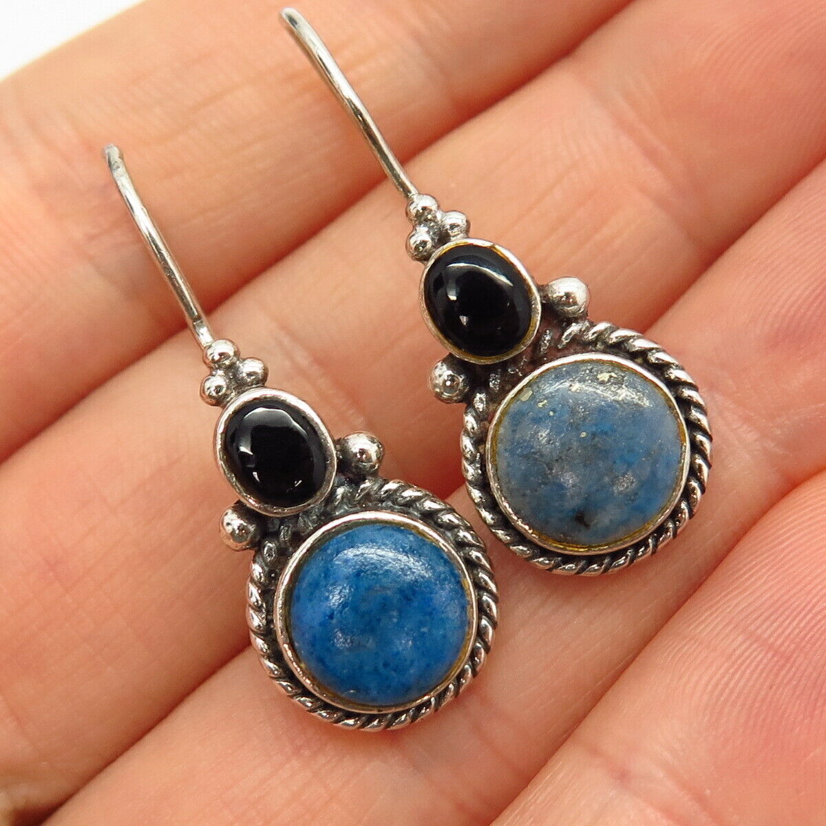 925 Sterling Silver Real Black Onyx & Lapis Lazuli Gem Hook Earrings