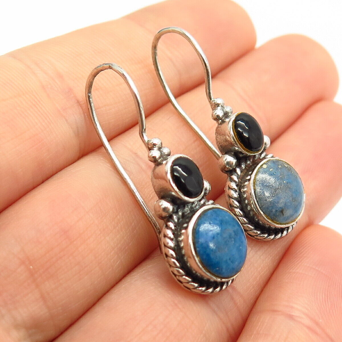 925 Sterling Silver Real Black Onyx & Lapis Lazuli Gem Hook Earrings