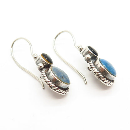 925 Sterling Silver Real Black Onyx & Lapis Lazuli Gem Hook Earrings