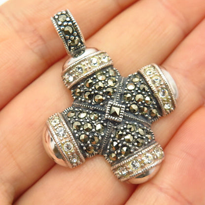 925 Sterling Silver Real Marcazite Gemstone & C Z Cross Pendant