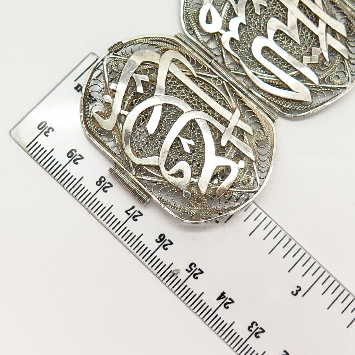 900 Silver Antique Arabic Writings Filigree Panel Link Bracelet 6.5"