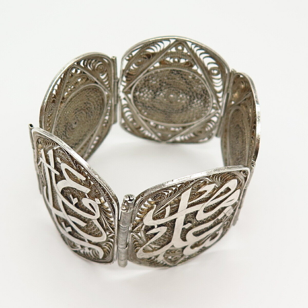 900 Silver Antique Arabic Writings Filigree Panel Link Bracelet 6.5"