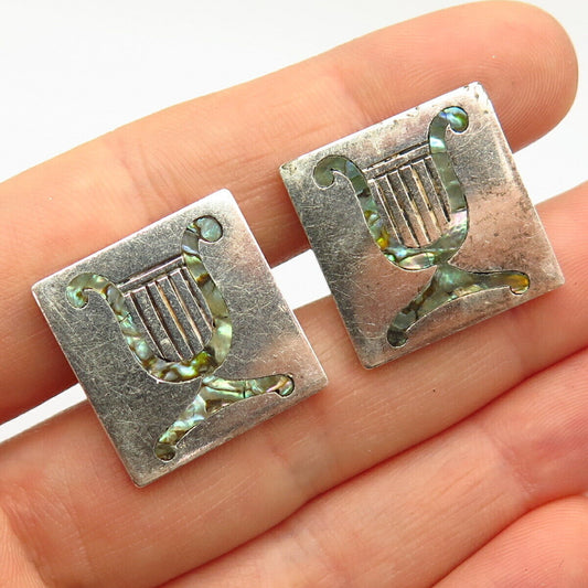 925 Sterling Silver Vintage Mexico Real Abalone Shell Harp Design Cufflinks